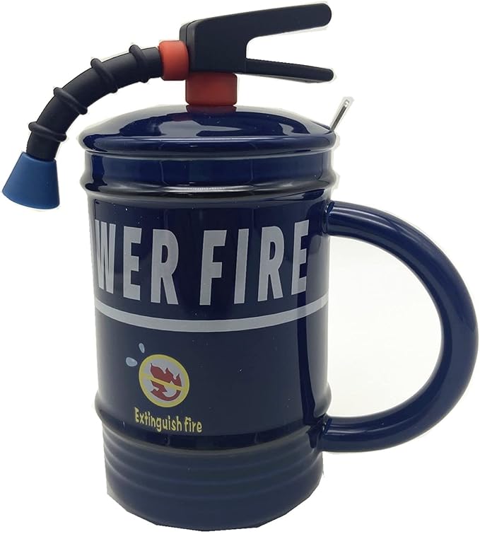 Coffee Mug Cups Ceramic Tea Cup Fire Extinguisher Shaped Handmade Cute Mugs With Lid Spoon Handle Office Home Hot Ice Chocolate Milk Mugs Gifts Microwave Dishwasher Safe Travel Mugs (Blue)