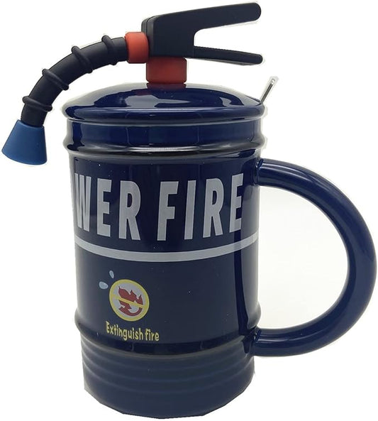 Coffee Mug Cups Ceramic Tea Cup Fire Extinguisher Shaped Handmade Cute Mugs With Lid Spoon Handle Office Home Hot Ice Chocolate Milk Mugs Gifts Microwave Dishwasher Safe Travel Mugs (Blue)