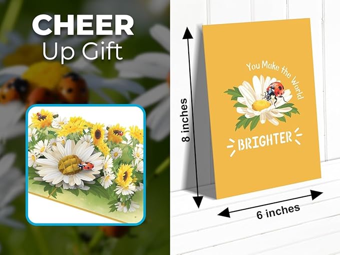 iGifts And Cards You Make the World Brighter Ladybug 3D Pop-Up Card – 6"x8" Sunflower & Daisy Bouquet with Notecard – Uplifting All-Occasion Greeting for Friends, Her, Encouragement, or Just Because