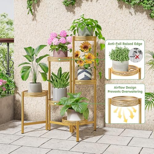 6 Tiered Plant Stand Indoor for Multiple Large Planter, Tall Heavy Duty Adjustable Folding Rack with Rustproof 7.9 Inch Wide Tray, Plant Shelf for Corner Living Room - GoldWave - Image 4
