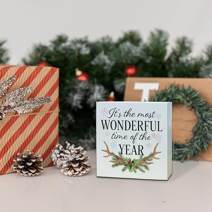 Christmas Wooden Desk Decor Sign, It's The Most Wonderful Time of The Year Rustic Holiday Sign, Winter Christmas Tabletop Home Plaque, Farmhouse Xmas Decor 5x5 Inches