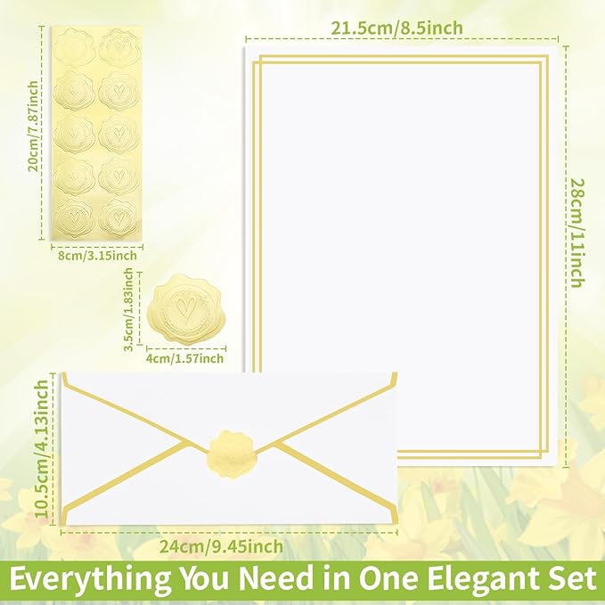 30 Pack Stationery Paper Set with Gold Border Including #10 Business Envelopes and 8.5x11 Paper Sheets 30 Gold Stickers for Love Letters and Party Invitations (White)