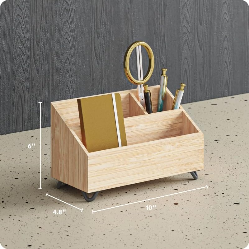 Bamboo Desktop Organizer 10 X 4 8 X 6 In Multi Compartment Desk Storage Caddy Stationery Holder For Pens Notepads Clips Office Supplies Home Office School Dorm Desktop Organization Rack - Image 3