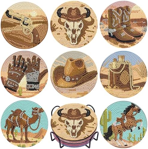 DOTSOPS 8 Pcs Cowboy Diamond Painting Coasters with Holder for Beginners by DOTSOPS