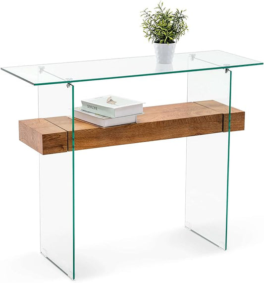 ivinta Glass Console Table with Storage, 39.4" Modern Narrow Entryway Table for Living Room, Entrance, Hallway or Bedroom 5101 (Natural Wood)