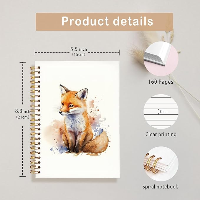 Fox Spiral Notebook Journals,Fox Gifts,Cute Notebooks for Women Girls Teachers,Fox Gifts for Women, Men, Lovers,College Ruled Hardcover Spiral Notebook Journal for Work Notes Journaling 5.5x8.3