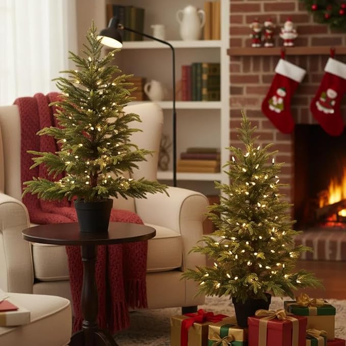 2Packs 3FT Artificial Christmas Tree Realistic Potted Small Xmas Tree for Tabletop Decor Norfolk Soft Touch Leaves with Black Pot, Perfect for Home Office Holiday Party Decorations