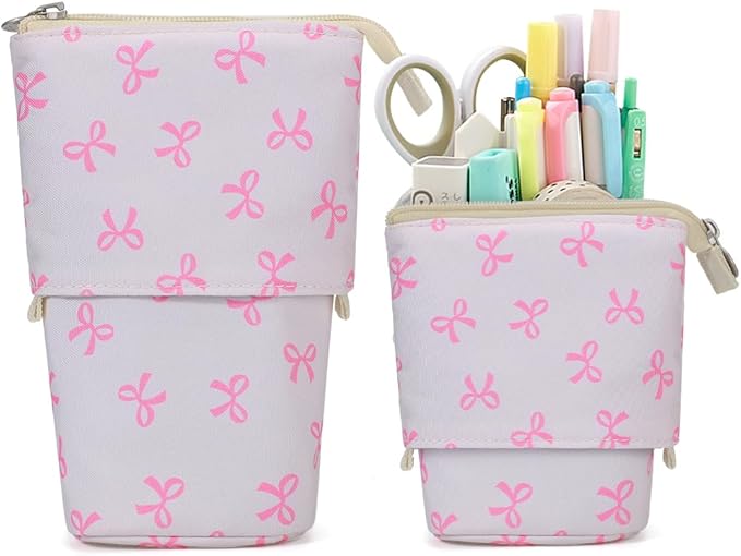 KPX Cute Standing Pencil Case Pen Holder for Kids, Pop Up Stand UP Bubble Tea Pen Organizer Kawaii Stationary for Christmas Holiday New Year Office (Bow)