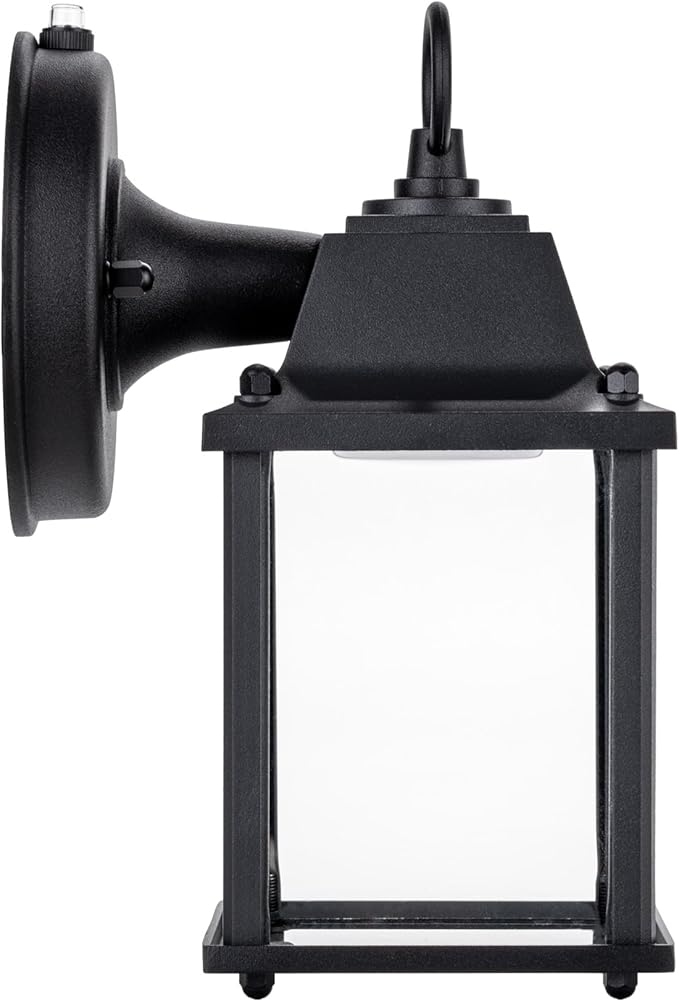 LIT-PaTH Small Outdoor LED Wall Lantern with Dusk to Dawn Photocell, 5000K Daylight White, 9.5W, 800 Lumen, Aluminum Housing Plus Glass, Outdoor Rated, 1-Pack, Black