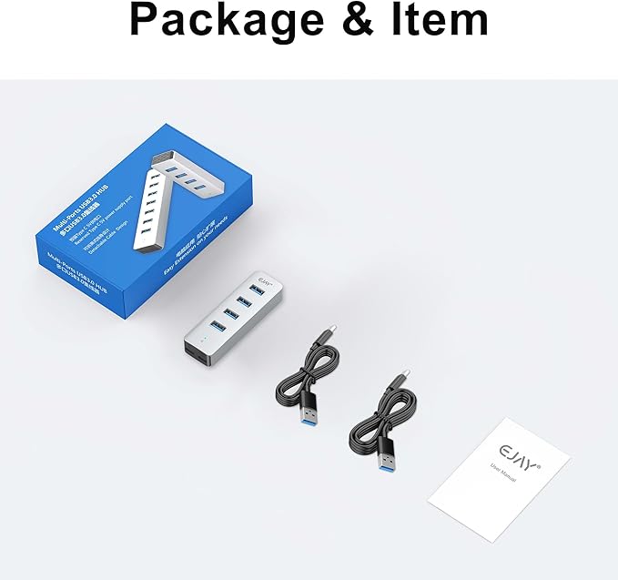 4Ports USB3.0 HUB,Extra Power Supply Port,3.3FT(1M) Long Data Cable and 3.3FT(1M) Long Power Cable,Aluminum 5Gbps High Speed USB Splitter,Multi Port Extender Hub for PC, Laptop, Mac,etc (HA-4U)