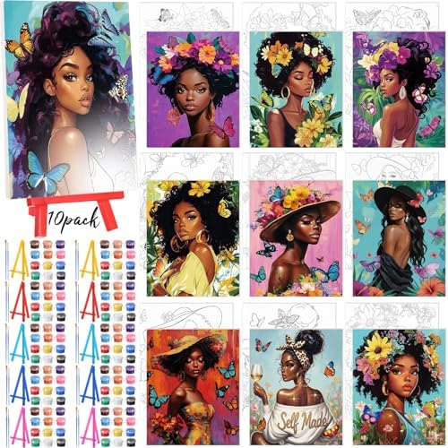 Blosssound 10 Set Pre Printed Canvas Pre Drawn Canvas Painting with Easel Kits 5" x 7" Outline Painting Panels for Beginners, DIY Craft Project, Party Favor, Home Decors(Flower Lady) by Blosssound