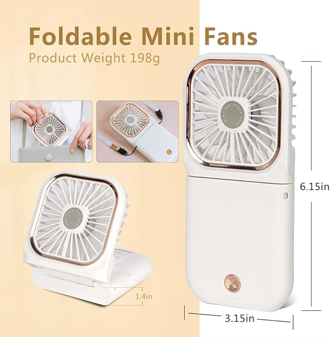 Portable Mini Fan Small Battery Operated Fan 5 in 1 as Power Bank,Phone Holder,Handheld Fan,Desk Fan, USB Rechargeable Personal Hand Fans,3000 mAh Power Bank,3 Speed Adjustable, Neck lanyard, White