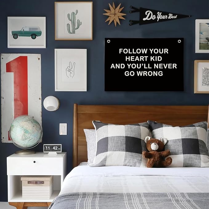 Nursery Decor Boy, Inspirational Wall Decor Hanging Linen Banner,Playroom Navy Blue Motivational Wall Flag for Kids Boys Room Playroom Nursery Wall Art, 20x30 Inch