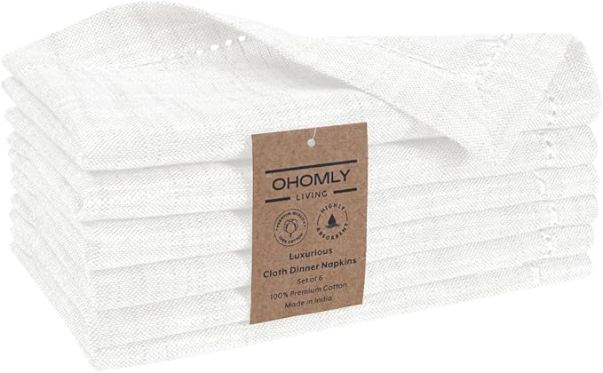 Slub Textured Dinner Napkins Set of 6-100% Cotton Cloth Napkins 18x18 Inch - Soft Durable Washable Fabric Napkins for Everyday Use & Special Occasions Christmas - White
