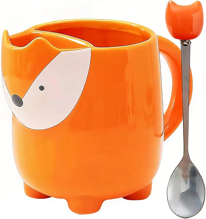 Yuwu uwu 17oz Fox Mug with Built-in Tea Bag Holder and Spoon – Cute Glossy Ceramic Animal Tea Cup for Kids, Women, Girls – Gift for Autumn, Birthday, Christmas (orange)
