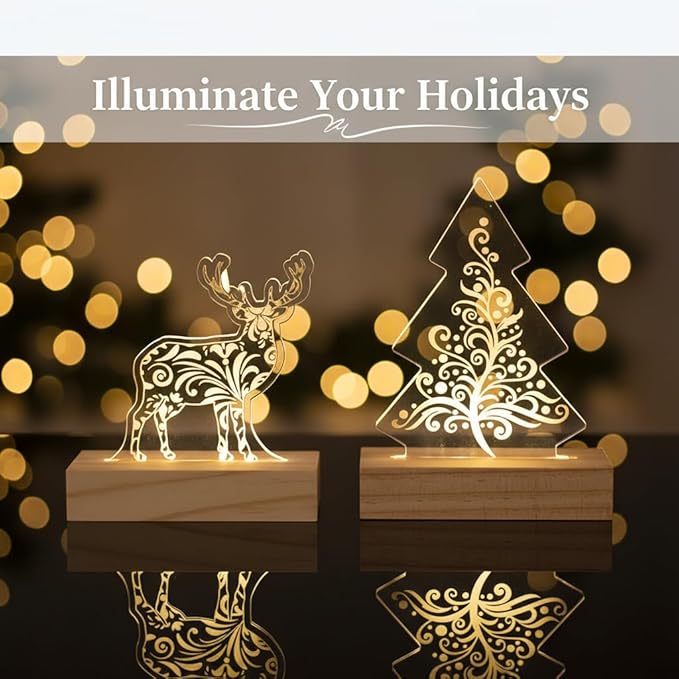 Young's Inc Acrylic LED Deer & Christmas Tree Light-Up Tabletop Decor, Set of 2 Warm White Glow with Timer, Wooden Base, Holiday Mantel, Entryway & Office Christmas Decorations