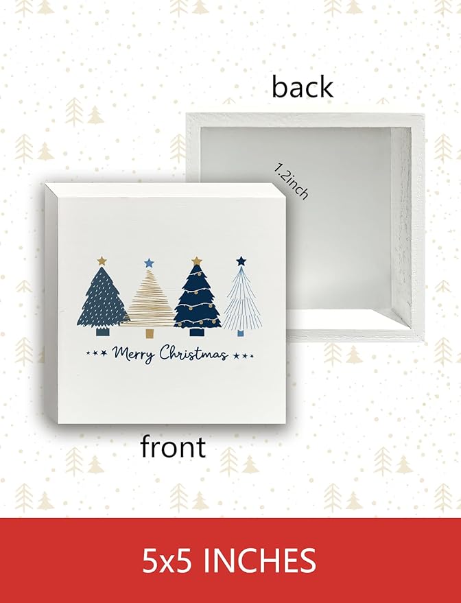 Navy Blue and Gold Christmas Tree Wooden Box Sign, Preppy Christmas Desk Decor, Merry Xmas Tree Winter Holiday Wood Signs for Home Office Desk Shelf Tabletop Decor, 5x5 Inch Decorative Signage