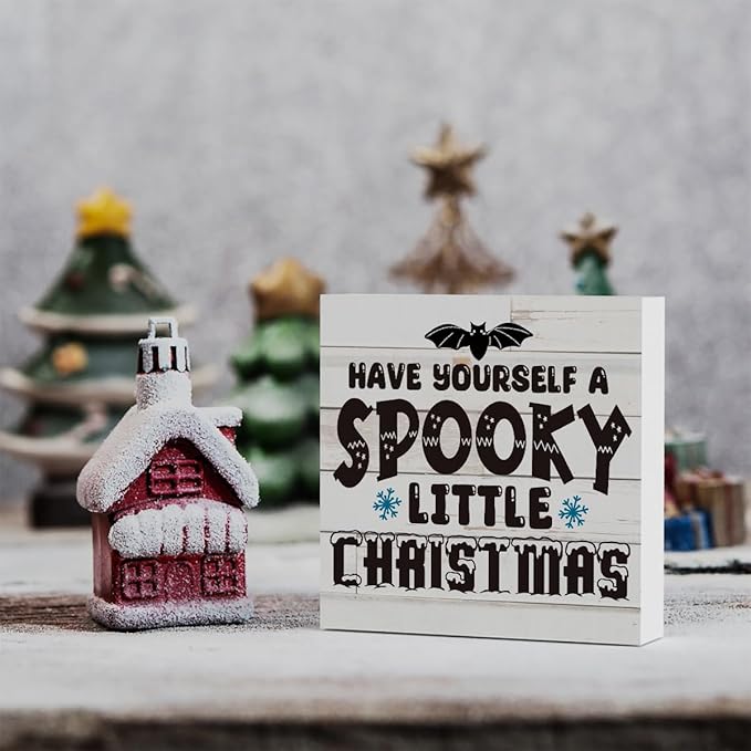 Rustic Winter Have Yourself a Spooky Little Christmas Bat Wood Box Sign, Farmhouse Christmas Santa Artwork Decor, Wood Square Sign Desk Block Signs Home Shelf Office Decoration 5 x 5 Inches