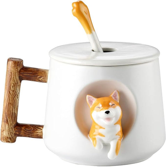 Cute Dog Couple Cup, Ceramic Coffee Mug with a Lid, Paws on the Top of the Spoon, Cute Shiba Lnu Three-dimensional Design, with Matte Texture,(420ML White Head)