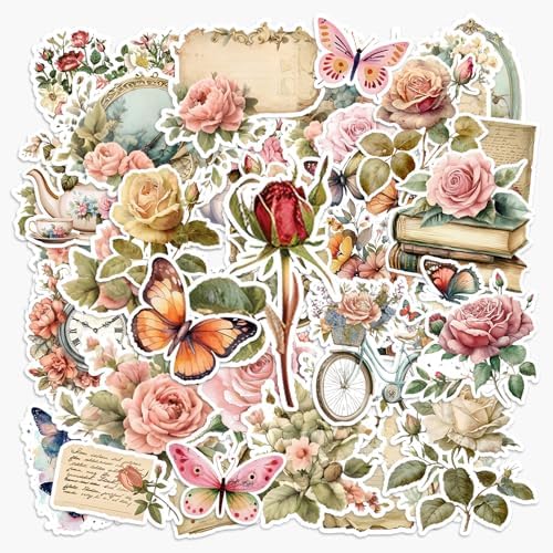 100+PCS (8 Sheet) Vintage Rose Stickers Scrapbooking Junk Journal Supplies, Shabby Pink Stickers Set Scrapbook Floral Sticker for Planner Album Diary Letter Envelope - Image 2