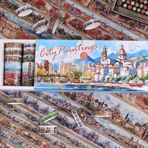 32 Rolls Vintage Washi Tape Set, European Cityscapes with Architectures & Scenery, Writable Decorative Tapes for Scrapbooking, Junk Journal Bullet Journal Supplies 8-50mm Wide, Artistic Adhesive Tape - Image 4
