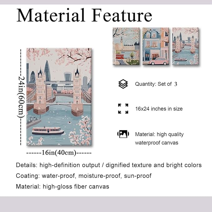 XLARTMY Watercolor City Landscape Travel Wall Art Canvas Framed Pink Cherry Flower Poster Girly Prints Painting Pictures Set of 3 for Bedroom Living Room Office 16x24in