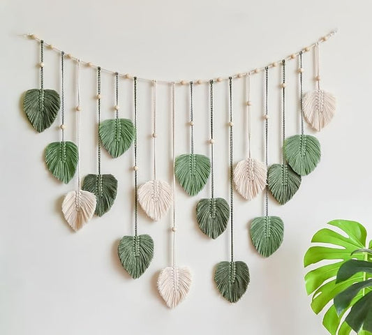 Avoik Macrame Woven Wall Hanging Tapestry Boho Chic Home Decor Woven Green Leaf Large Tapestry Wall Art Decor Handmade Feather for Bedroom Living Room Apartment Hanging Decorations, 47x29 inch