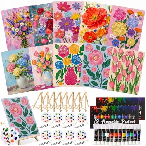 Ctosree 72 Pcs Artistic Flowers Paint and Sip Kit for Adults 8'' x 10'' Pre Drawn Canvas for Painting DIY Pre Printed Canvas for Party Favor Acrylic Painting Kit Wood Easel Brushes Date Night Bulk by Ctosree
