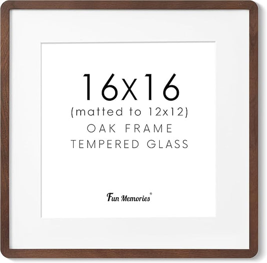 16x16 Picture Frame, Square 16 by 16 Frames for Wall - Solid Oak Wood & Tempered Glass, 16 x 16 Wood Frame Matted to 12 x 12, Square Picture Frame 16"x16" for Home Decor, Walnut Color, 1 Pack