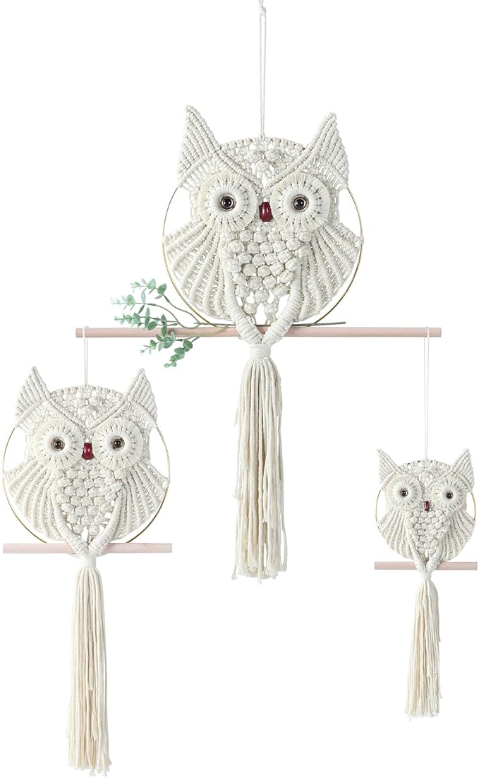 MVSUTA Owl Ivory Cotton Handmade Macrame Wall Hanging Tapestry Home Decor Art Cream Craft Wonderful Decoration Woven Beige Boho Ornament for Office Bedroom Apartment Living Nursery Gallery,3pcs