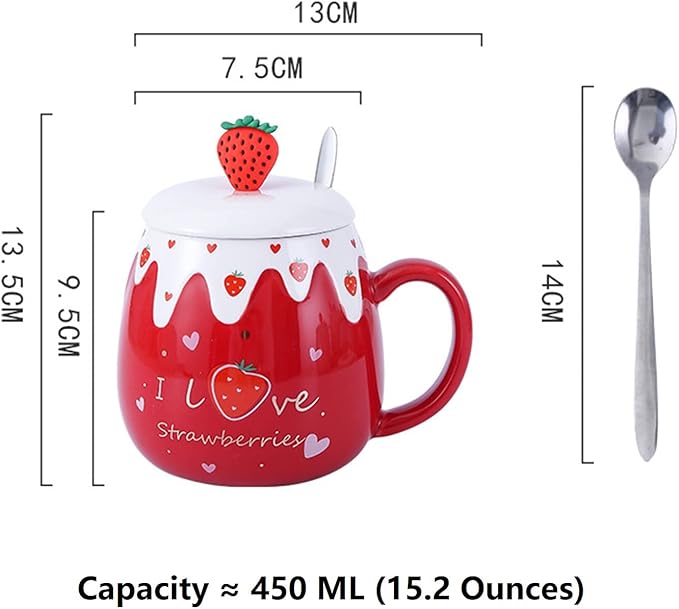 Coffee Mug Cups Ceramic Tea Cup Fruits Strawberry Shaped Handmade Cute Mugs With Lid Spoon Handle Office Home Hot Ice Chocolate Milk Mugs Gift Microwave Dishwasher Safe Travel Mugs (Strawberry)
