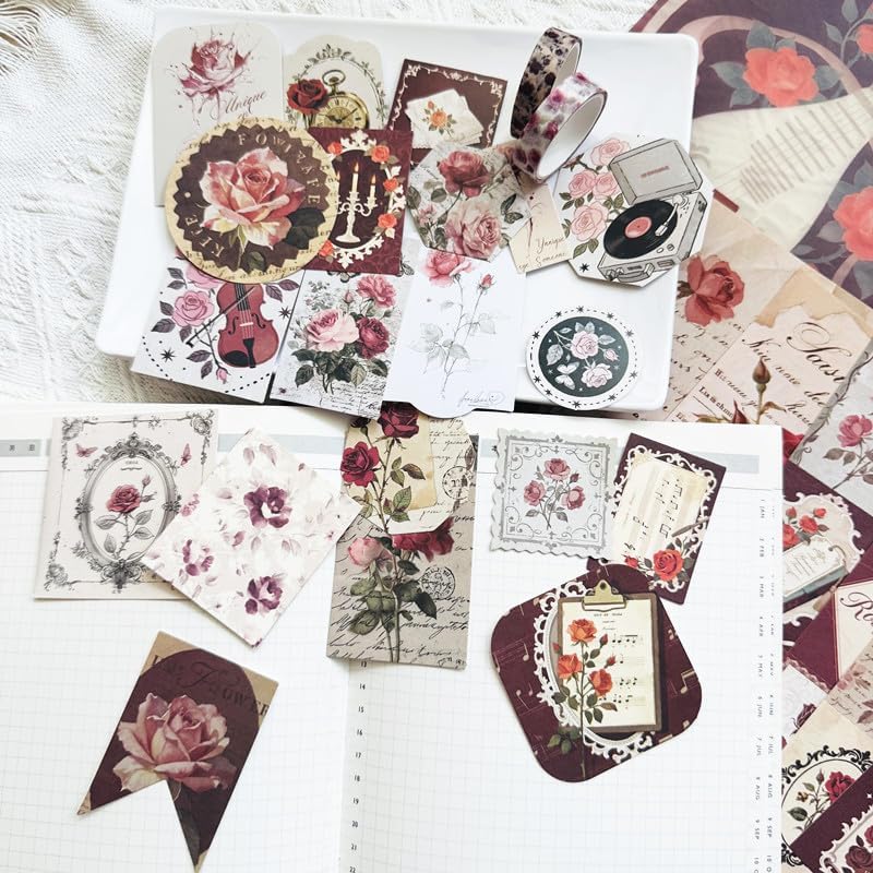 Rose Botanical Bullet Junk Journal Kit, Red Aesthetic Scrapbooking Supplies - Image 3