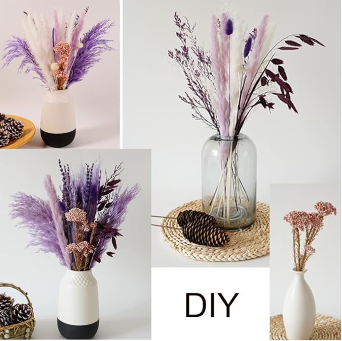 Natural Dried Pampas Prairie Bouquet, 17 "Natural Dried Bouquet, Purple Pampas and Millet Flower Mixed Bouquet Bohemian Style Family Wedding Dried Flower Decoration