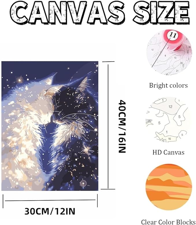 Mosaflare Paint by Numbers for Adults Beginner, White and Black Cat Adult Paint by Number Kits on Canvas, DIY Acrylic Oil Easy Painting by Numbers for Home Wall Decor 12X16 inch (Without Frame)