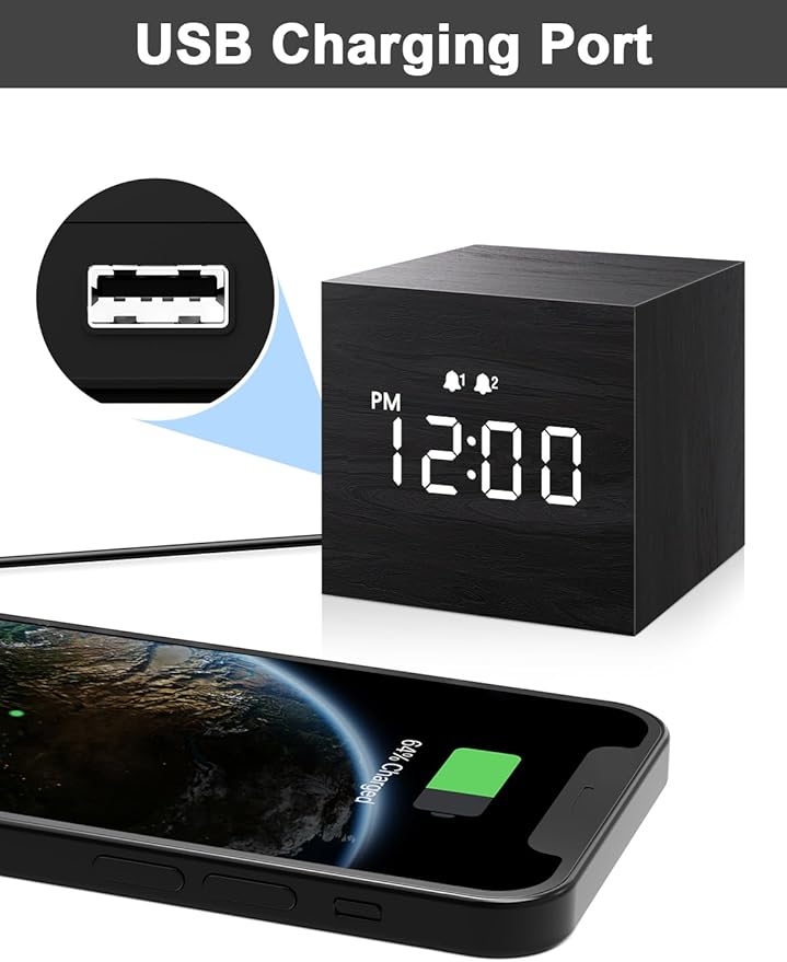 JALL Digital Alarm Clock, with Wooden Electronic LED Time Display, Dual Alarm, 2.5-inch Cubic Small Mini Wood Made Electric Clocks for Bedroom, Bedside, Desk, Black