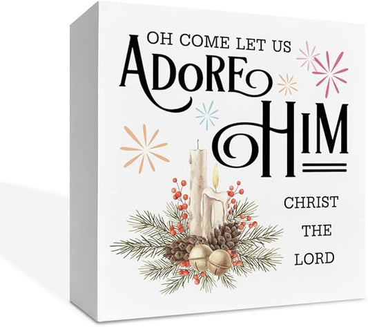 Christmas Christian Wooden Desk Decor Sign, Oh Come Let Us Adore Him Christ The Lord Wooden Box Sign, Religious Christmas Home Plaque for Living Room Bedroom Tabletop Decor 5x5 Inches