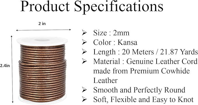 GENIQUE Real/Genuine Round Leather String Cord for Necklace, Bracelets, Jewelry, Kumihimo Braiding, DIY Projects (20 Metres) (2mm, Kansa)