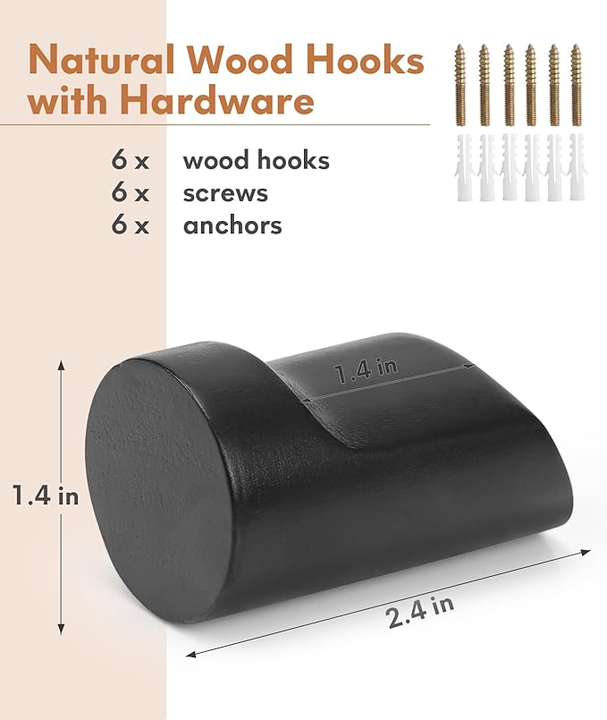 Wood Wall Hooks for Hanging, 8 Pack Hat Hook for Walls, Coat Hook Wall Mount, Backpack Hooks for Walls, Bathroom Towel Hanger (Black)