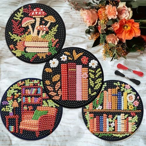 8 Pcs Bookshelf Diamond Art Coasters Kit - DIY 5D Small Diamond Painting Coasters with Holder, Mini Diamonds Arts Kits for Adults Coaster, Gem Art Arts and Crafts for Adults - Image 3