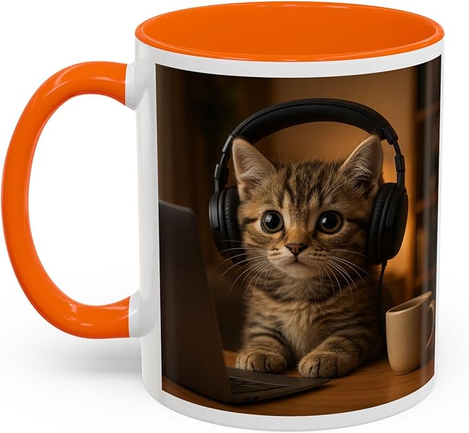 Adorable Cat Coffee Mug, Cute Kitten with Earphones, Pet Lover Gift, Tea Cup, Animal Lover Mug, Coffee Cup