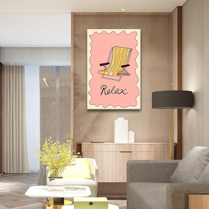 Framed Abstract Pink Yellow Ocean Coastal Beach Chair Wall Art Trendy Summer Relaxing Seaside Canvas Prints Painting Aesthetic Preppy Decor Picture for Living Room Bedroom Decoration 20x30inch