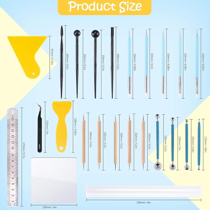 Rustark 24 pcs Pottery Tools Polymer Modeling Clay Sculpting Tools Set Dotting Pen, Silicone Tips, Ball Stylus, Pottery Ceramic Clay Indentation for Clay Ceramic Sculpture, Cake Fondant Decoration
