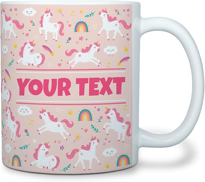 Personalized Mug for Kids - Pink Unicorn - Custom Name/Text, Ceramic Hot Chocolate/Cocoa/Coffee Cup for Girls, Birthday/Christmas/Holiday Gift - 11 oz, Pink Handle