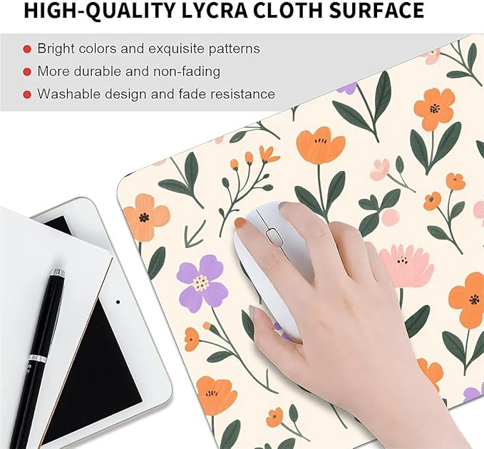 Square Mouse Pad Flowers, Personalized Premium-Textured Custom Mouse Mat Design, Washable Mousepad Cloth, Non-Slip Rubber Base Computer Mouse Pads for Wireless Mouse