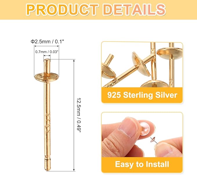 uxcell 3 Set 925 Sterling Silver Earring Posts, Pearl Cup Pad Earring Stud Blanks for DIY Earrings Jewelry Making Findings, Champagne Gold Plated, 2.5mm/0.1" Cup Size