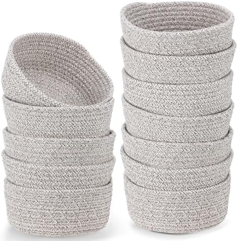 Yinkin 12 Pack Small Storage Basket Cute Natural Cotton Rope Woven Basket Tiny Boho Decorative Toy Storage Bin Gift Baskets for Home Organizing, Closet, Shelf, Nursery, Bathroom (Round,Oatmeal) by Yinkin