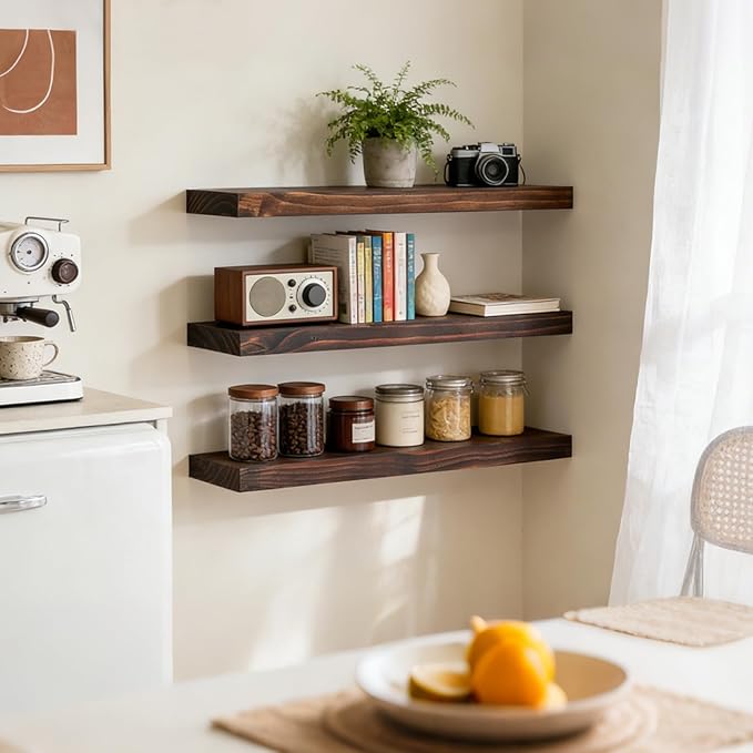 Floating Wall Shelves 24x6.8x1.7 Inch – Solid Wood Rustic Shelves in Walnut Finish – Wall Mounted Display Shelf for Bathroom, Kitchen, Bedroom – Set of 3