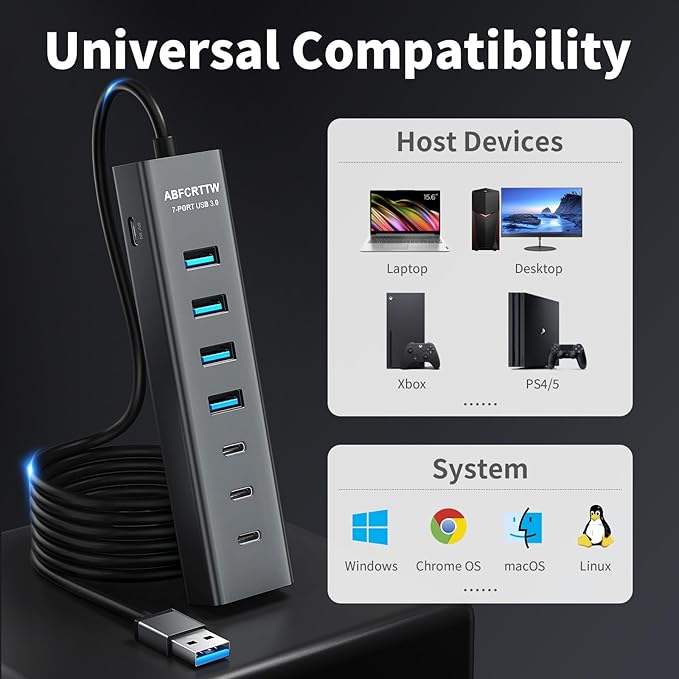 4Ft 7-Port USB Hub 3.0 for Desktop, 4 USB-A & 3 USB-C Ports Aluminium 5Gbps USB Extender Hub, USB Splitter, USB Hub Long Cable for Desktop, PC, Flash Drive, Mobile HDD SSD, Windows/XPS