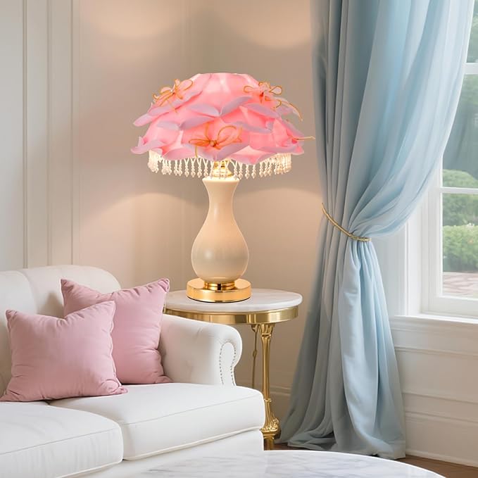 Pink Flower Lamp Nordic Rose Flower Table Lamp Modern Ceramic Nightstand Light Romantic Princess Bedside Lamp for Girl Wedding Valentines Christmas Gift Deco Bedroom Living Room Entry