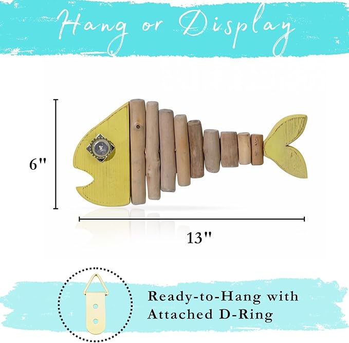 Mint Bucket Brands Driftwood Fish Nautical Wall Decor - 13" x 6" Handmade Wooden Rustic Coastal Wall Art for Living Room, Bedroom, Office, Bathroom - Ocean Beach Decoration (Pixie)